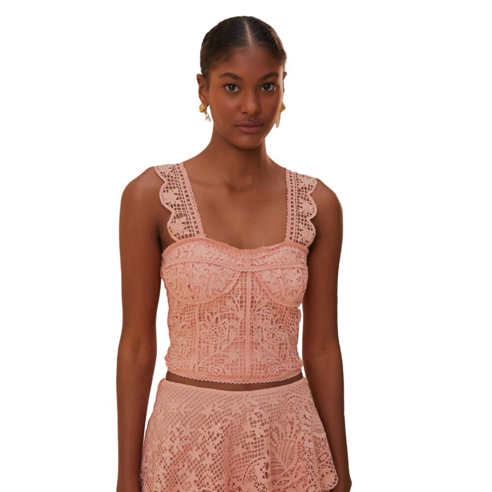 Farm Rio NWOT Light Pink Guipure Sleeveless Crop Top Sweetheart Floral Lace M